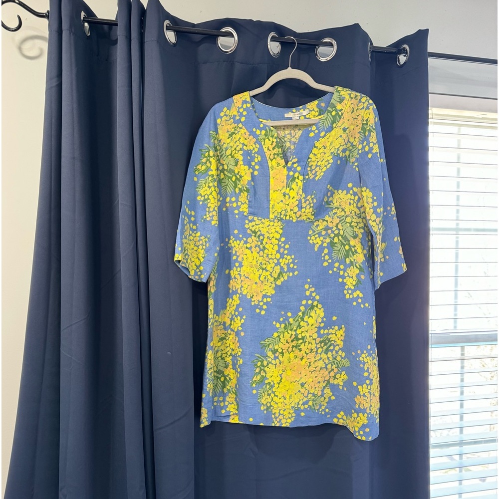 Boden 100% Linen Blue/Yellow Tunic 3/4 Sleeves Dress US 10R ; UK 14R